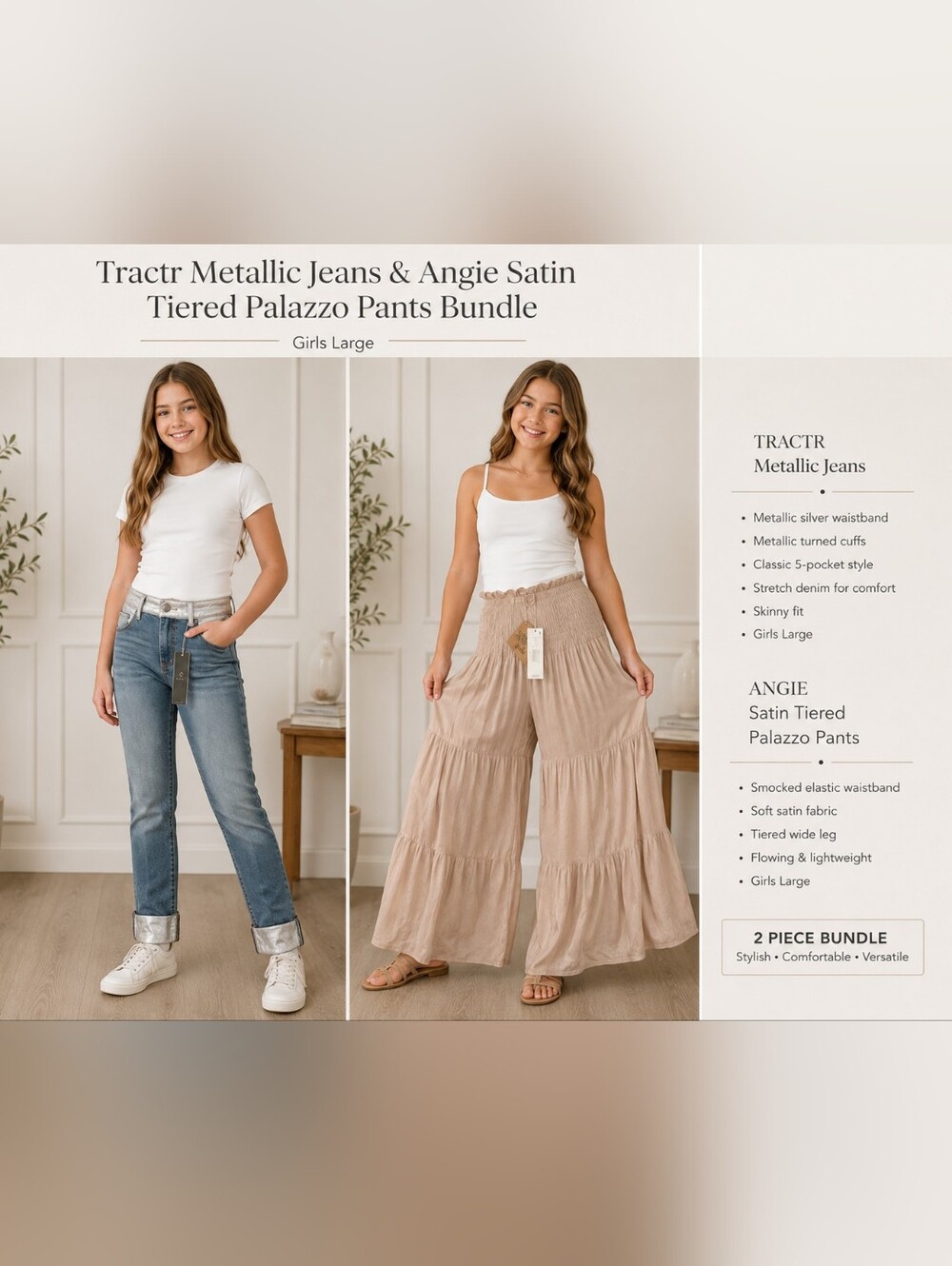 Lot Tractr Metallic Jeans & Angie Satin Tiered Palazzo Pants Bundle Girls Large